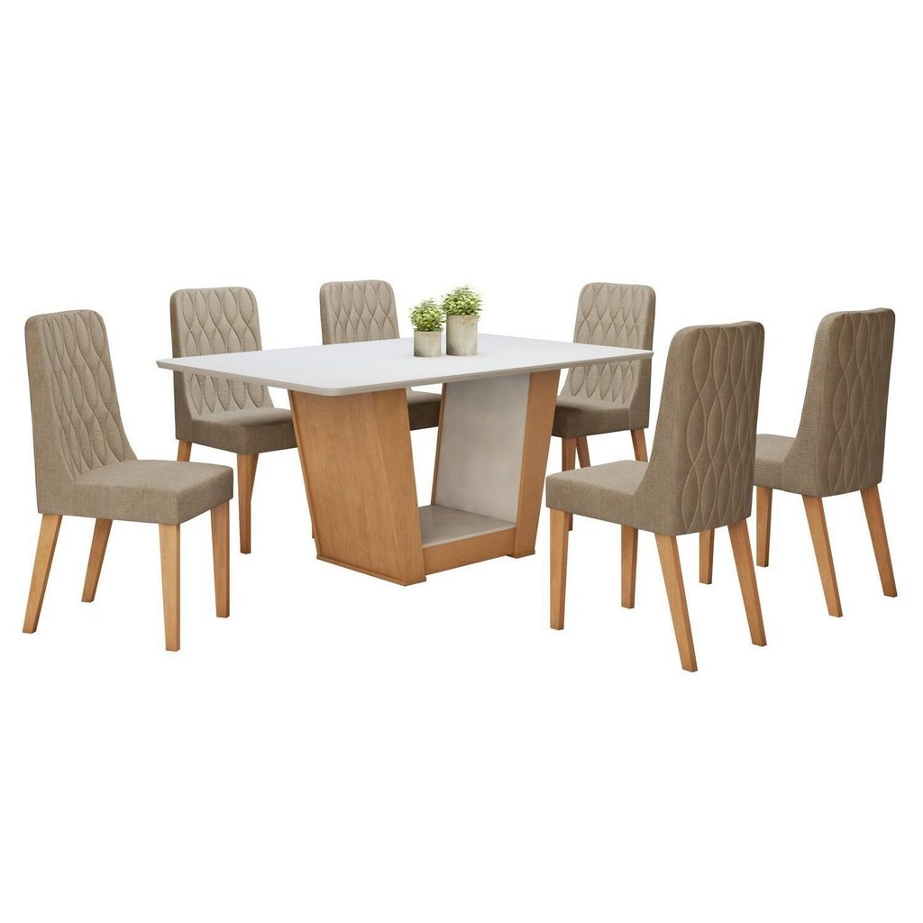 Conjunto Sala de Jantar 6 Lugares Retangular Tampo MDF Mesa Apogeu com Cadeiras Luar Off White/Amêndoa Clean/Linho