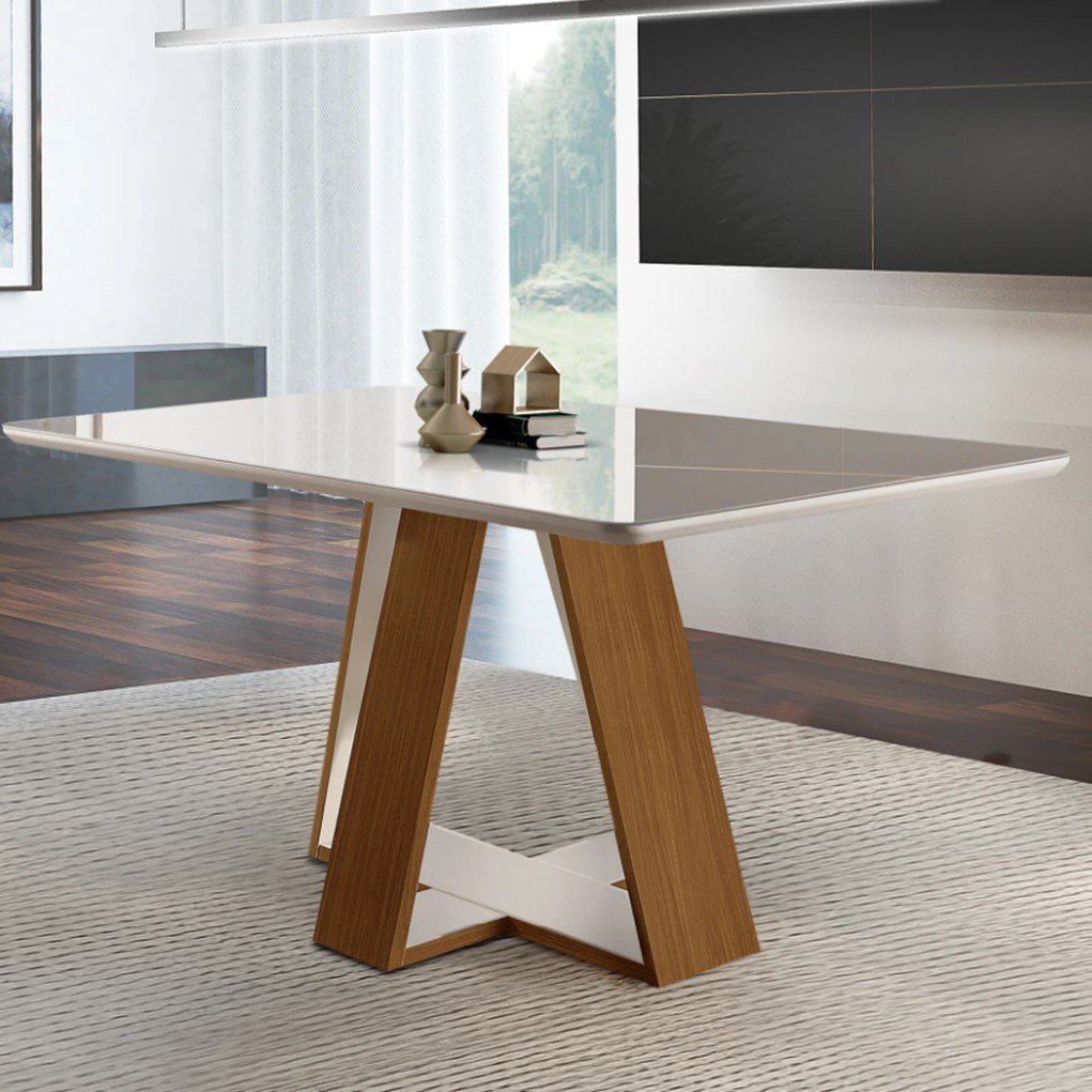 Mesa 4 Lugares Tampo com Vidro/Laca Grécia Marrom/Castanho Cinamomo/Off White Castanho Cinamomo/Off White