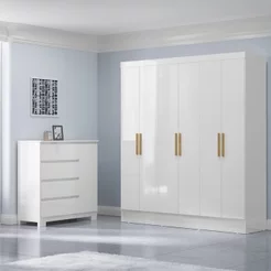 Conjunto Guarda-Roupa 6 Portas Gliese com Cômoda 1 Porta 4 Gavetas Vega Branco