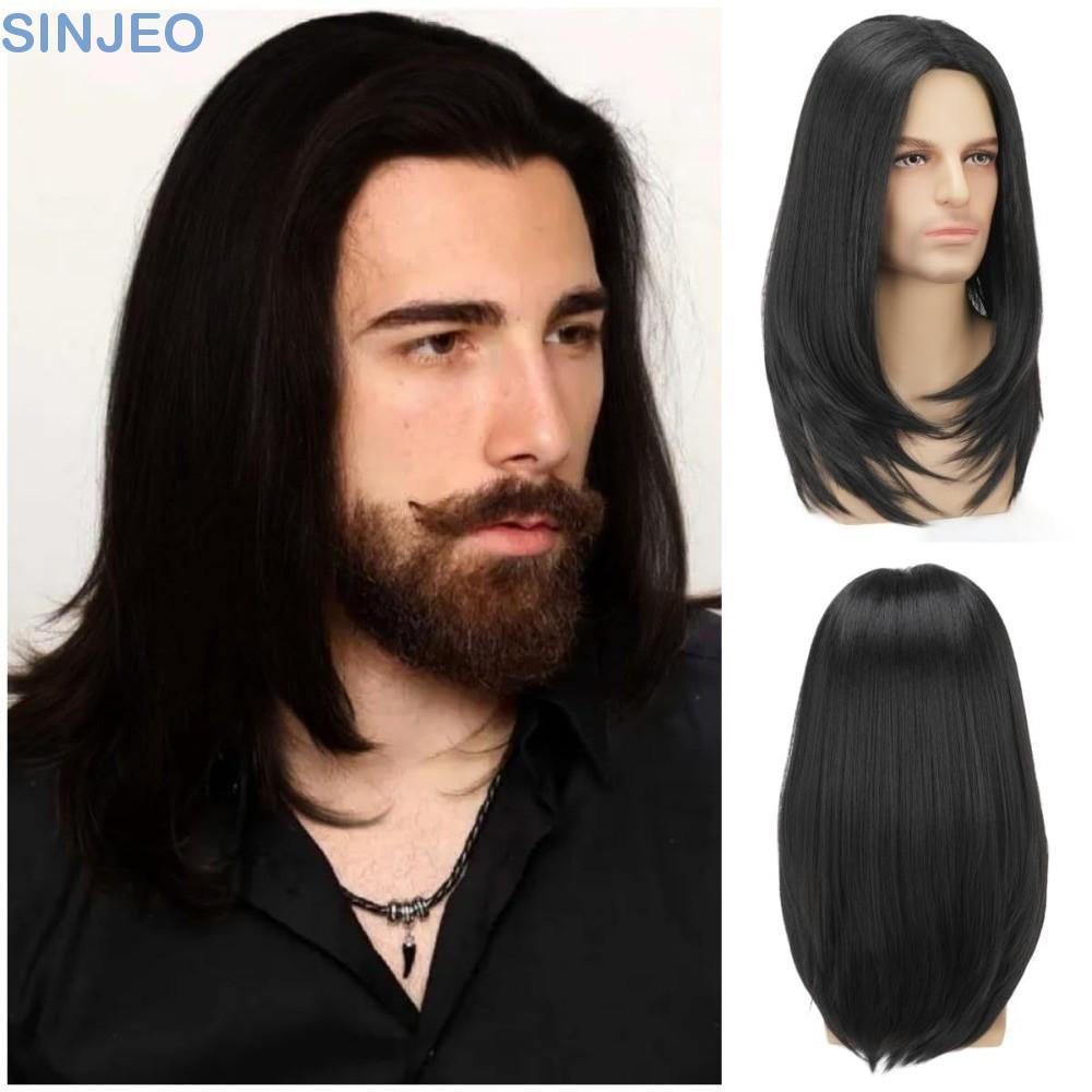 Desce Perucas Cosplay Para Homens , Retas Masculinas Hippie Sintéticas , Cabelo Longo Preto Marrom De Comprimento Médio