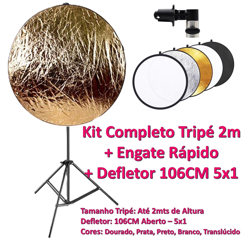 Kit Fotografia Profissional Rebatedor 106cm 5 em 1 com Tripé 2 Metros e Suporte de Engate Rápido