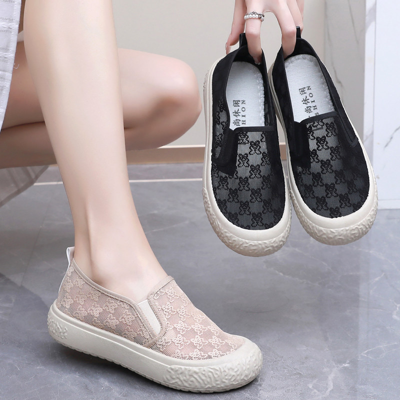 Sapatos de balde femininos verão novo estilo velho pequim sapatos de pano feminino sapatos de rede deslizamento-em malha