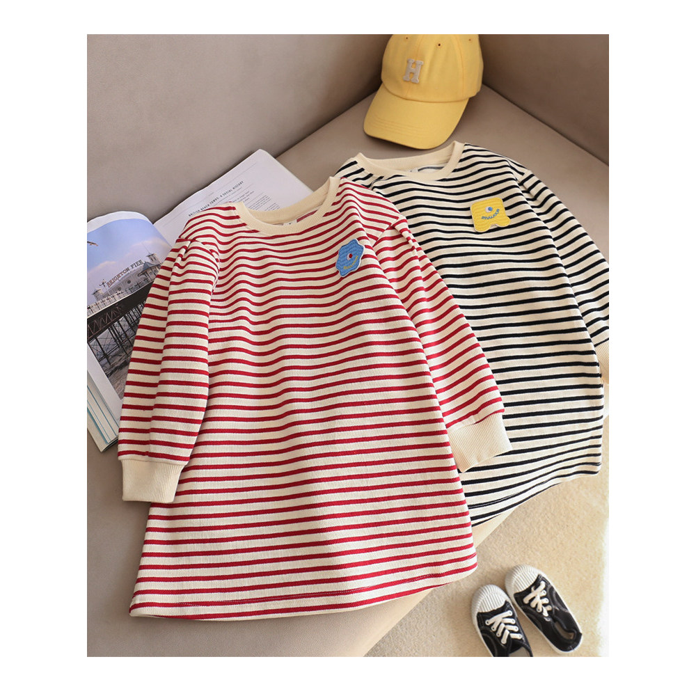 Meninas vestido listrado 2026 primavera novo estilo de manga comprida camiseta vestido versão coreana crianças médias es