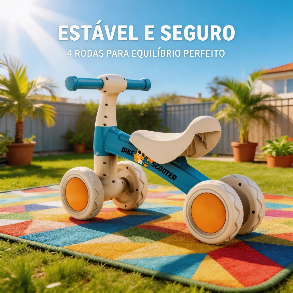 Bicicleta de Equilíbrio 4 Rodas Sem Pedal Andador Infantil, Segura e Estável para Crianças Aprender a Andar, Resistente