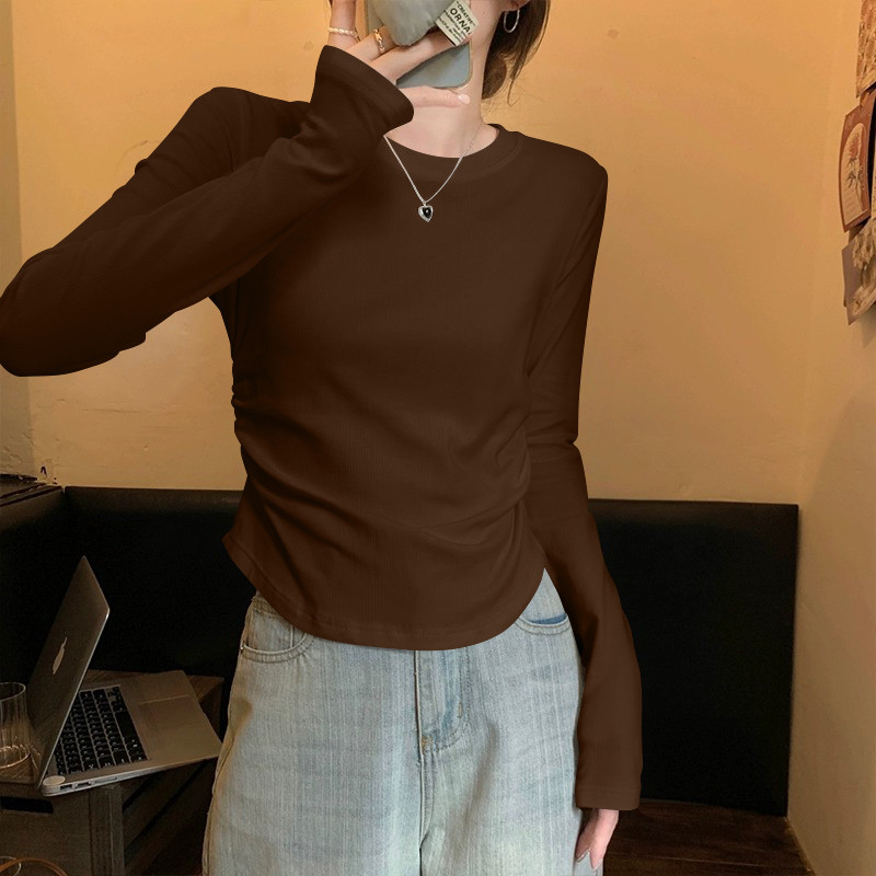 Camiseta feminina de manga comprida com rosca 2025 novo estilo primavera outono estilo ocidental Irregular versão corean