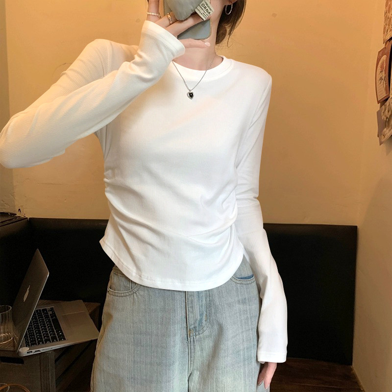 Camiseta feminina de manga comprida com rosca 2025 novo estilo primavera outono estilo ocidental Irregular mais magro ol