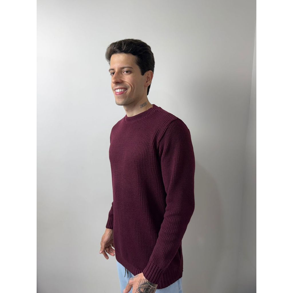 Blusa Masculina Sueter Lã Tricot Ponto Grosso Gola Redonda