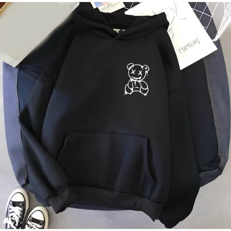 Blusa Moletom Canguru Feminino Unissex Flanelado Estampado Capuz Inverno Preto Urso100