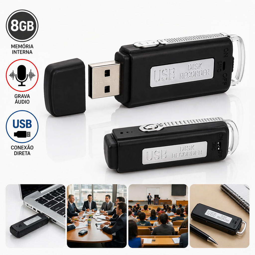 Gravador de Voz USB 8GB Discreto Áudio Digital Pendrive Grava Longa Duração