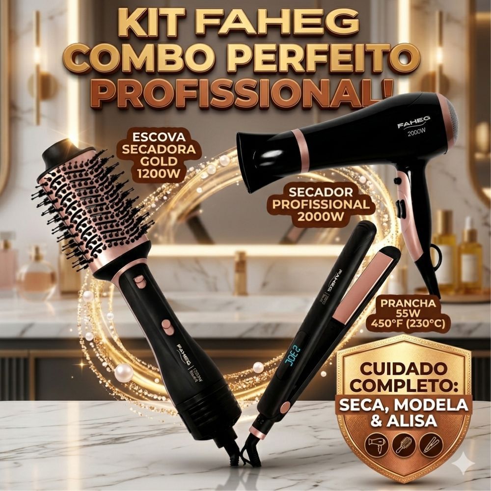 Kit Faheg Combo Perfeito Profissional! Escova Secadora Faheg Gold 1200w + Secador 2000w 127v + Prancha 55w 450°F Bivolt