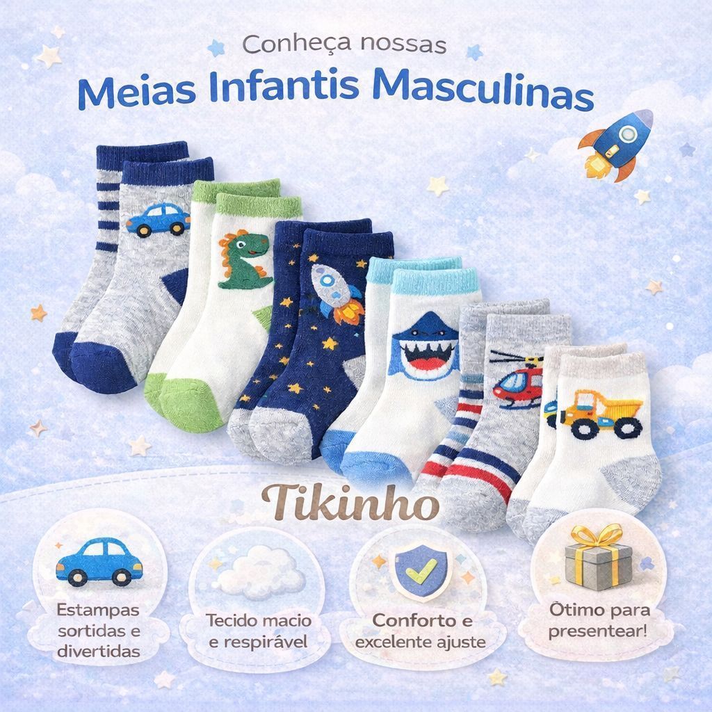 Kit até 18 Pares Meia Infantil  Menino Estampadas Masculino 0 A 10 Anos Premium