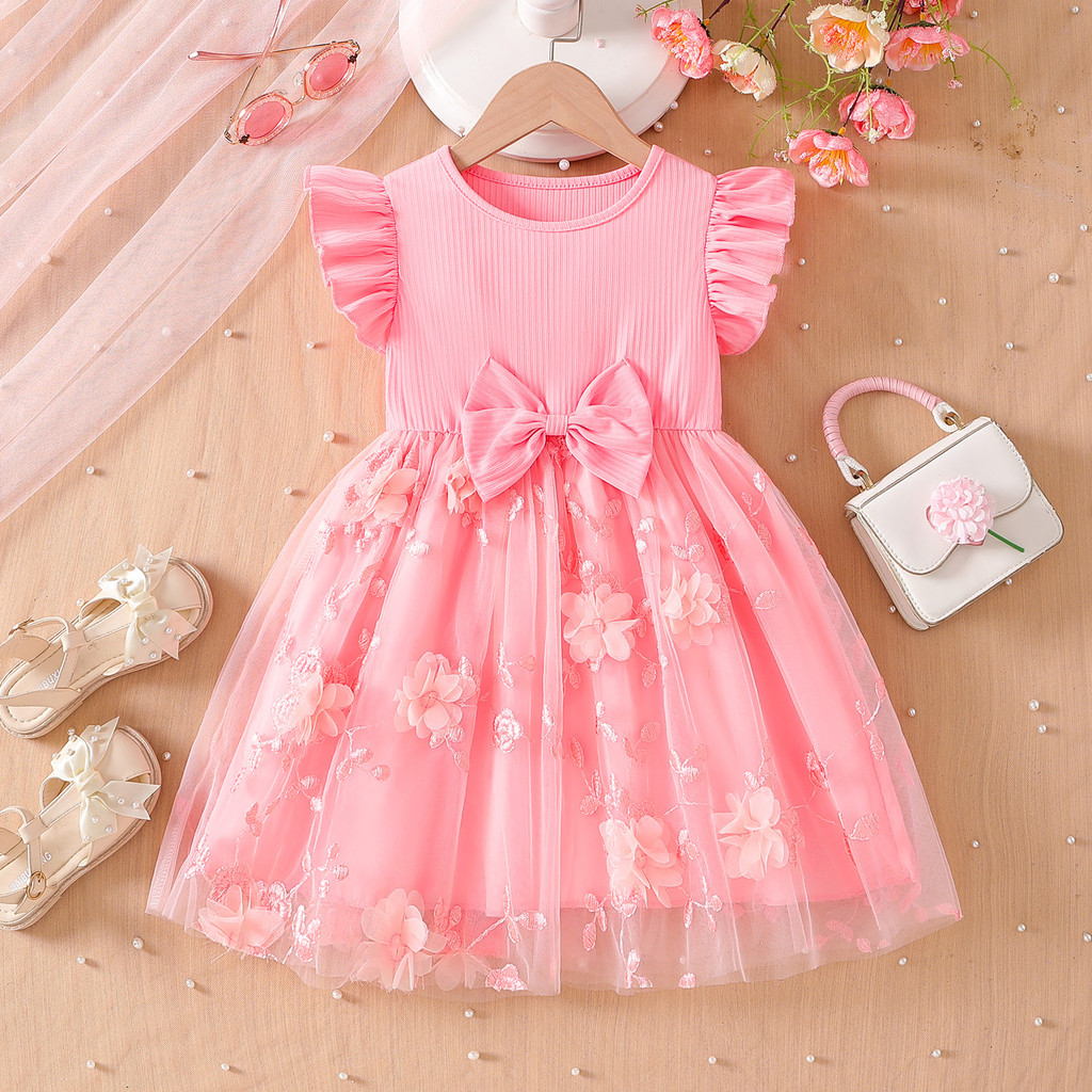 Estoque pronto frete grátis vestido infantil verão meninas manga voadora flor bordada gaze vestido infantil vestido de p