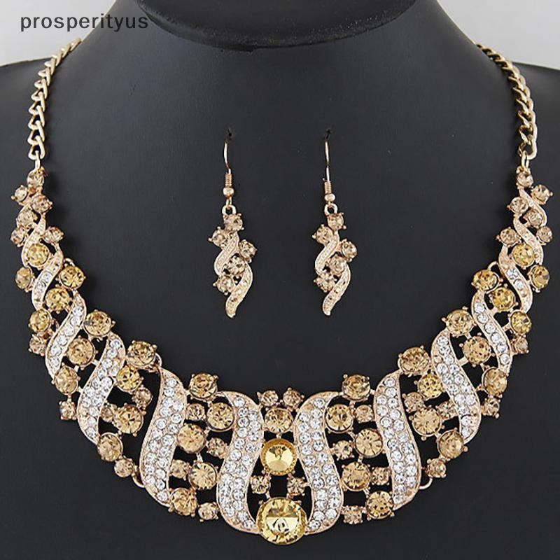 [prosperityus] Romântico 2 Peças/Set Conjunto De Joias De Casamento Noiva De Cristal Brilhante Brincos De Colar Feminino