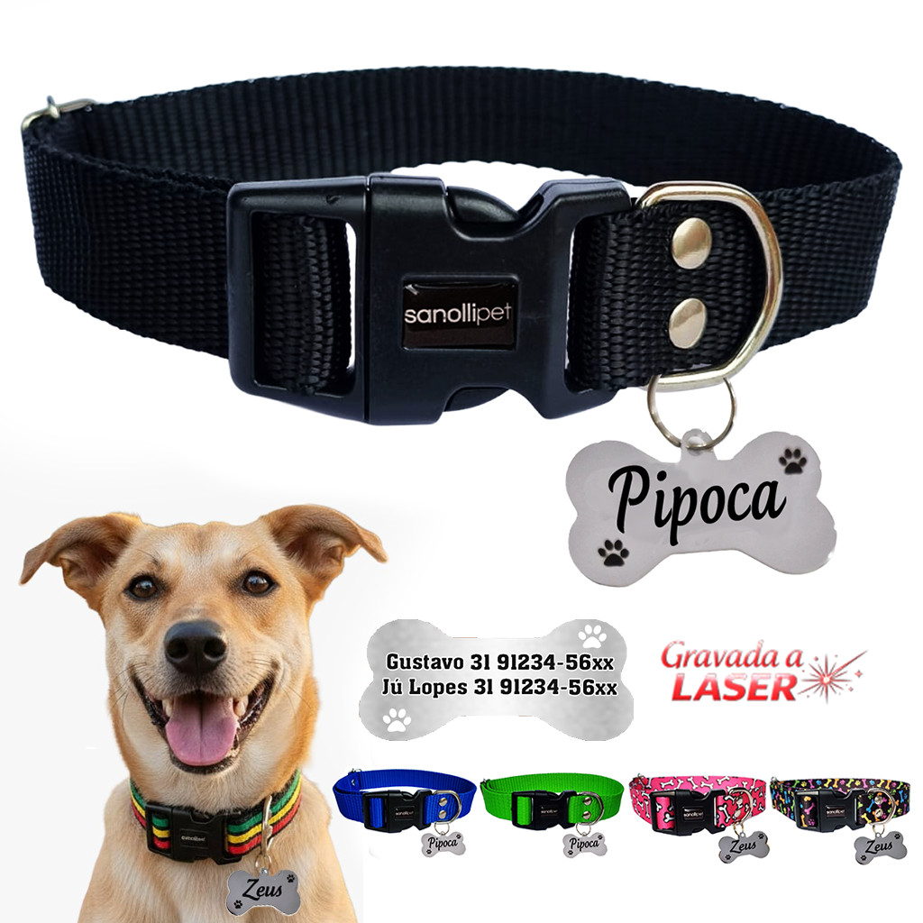 Coleira Para Cachorro Reforçada Com Plaquinha de Identificação Frente E Verso Nome Telefone Premium