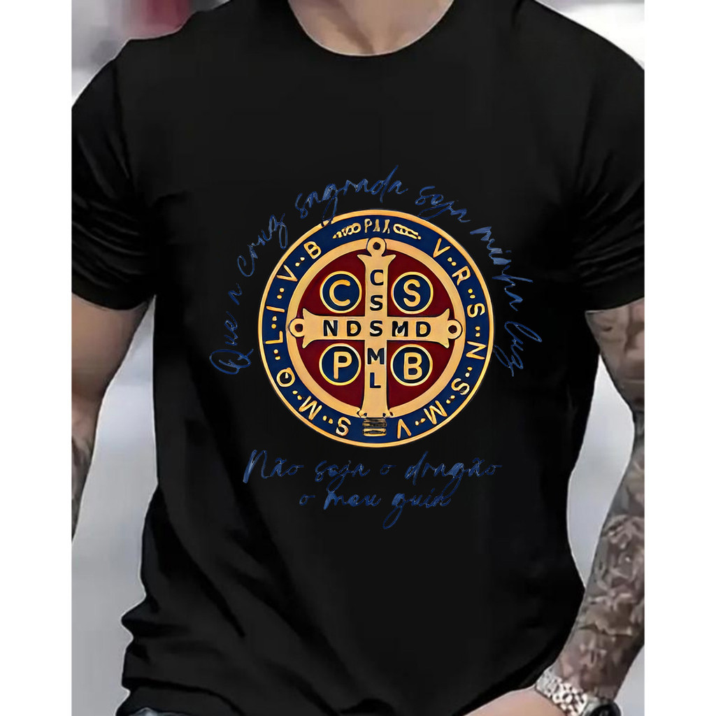 [Camiseta Premium em Algodão Puro]GXG Masculino Curto Medallhão de São Bento Fé Católica Proteção Estilo Religioso Moda 