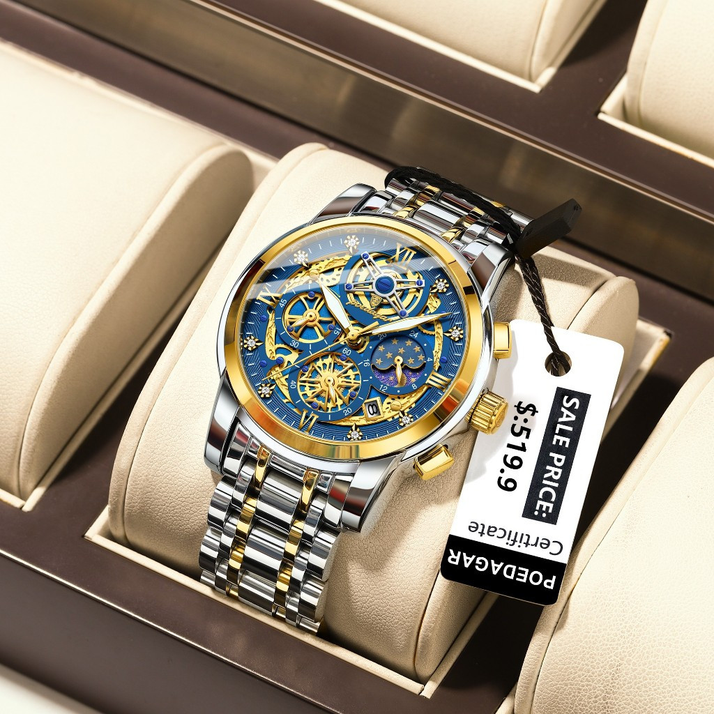 Relógio de Luxo POEDAGAR com Tourbillon para Homens, à Prova d'Água, Luminoso, Cronógrafo, Relógio de Quartzo em Aço Ino