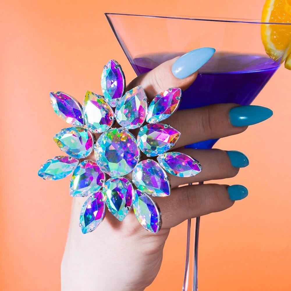 Anel em forma de flor de diamante colorido exagerado exclusivo anel de strass anel ajustável acessórios anel