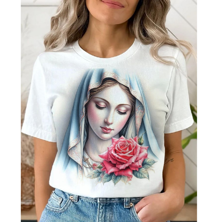 Camiseta tshirt Blusa feminina nossa senhora das graças medalha milagrosa virgem maria, igreja catolica cristã