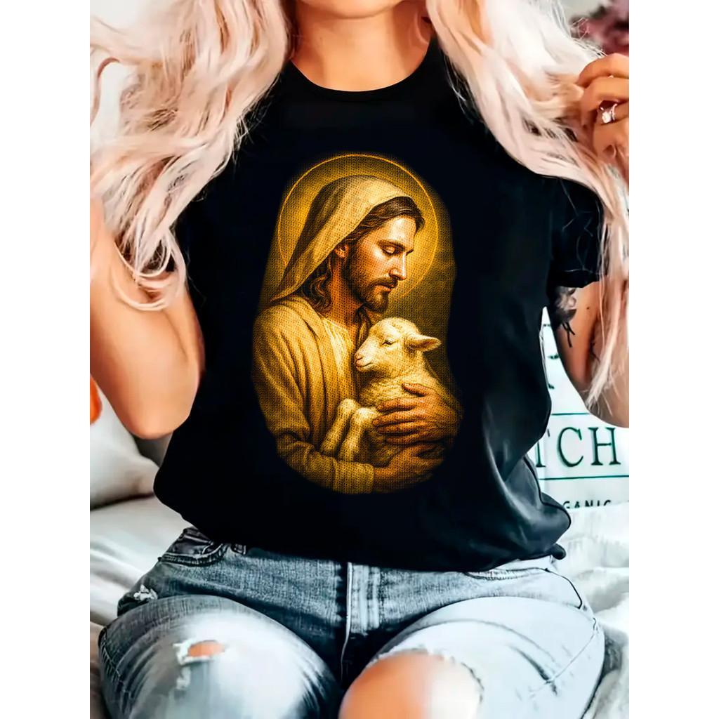 Camiseta Feminina Jesus com Cordeiro Estampa Religiosa 100% Algodão Confortável e Estilosa Femenina