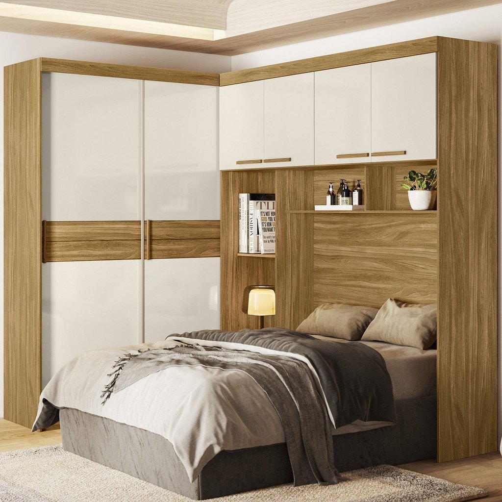 Guarda Roupa Casal Modulado para Box 138cm 4 Portas de Bater 2 Portas de Correr 5 Gavetas Florença Marrom/Freijó/Off