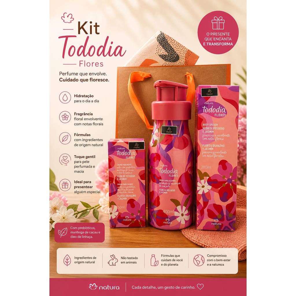 Kit Natura Tododia Flores Creme de mãos 50ml + Creme Hidratante Corporal 400ml + Body Splash 200 ml