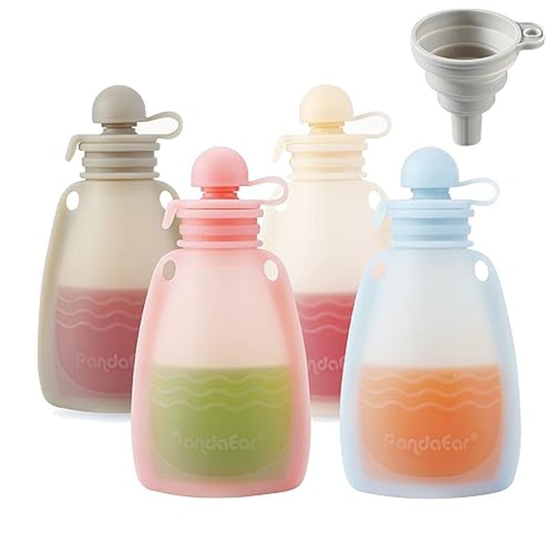 PandaEar Reusable Silicone Baby Food Pouches, 4 Pack Squeeze Pouches for Toddler Kids, BPA-Free Silicone Refillable Baby