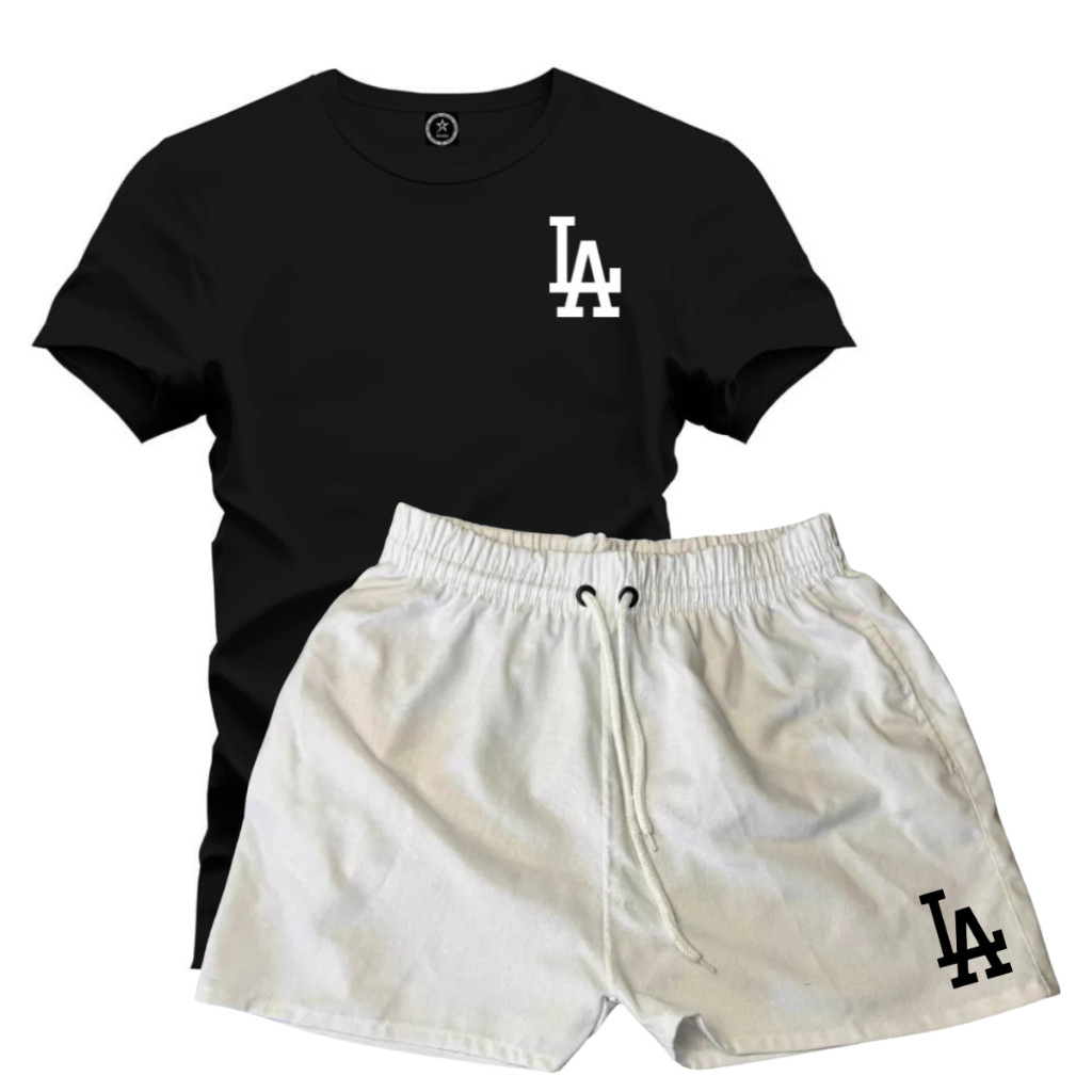Kit Conjunto Camiseta 100% Algodão Premium L.A Varias Cores + Short TECTEL Branco - P ao GG