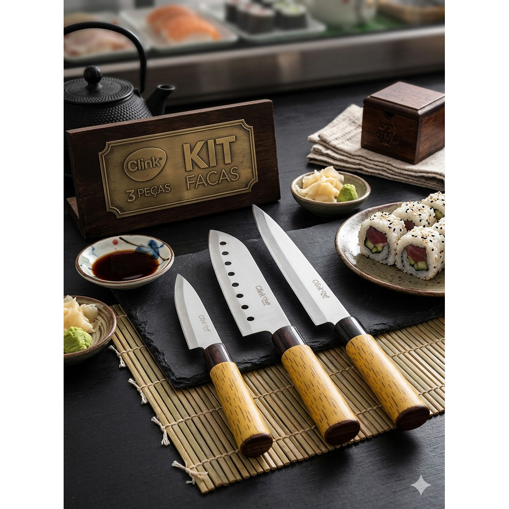 Kit Faca Japonesa  Aço Inoxidável para Cozinha Cortes de Sushi Sashimi Asia Master Chef 3 Peças