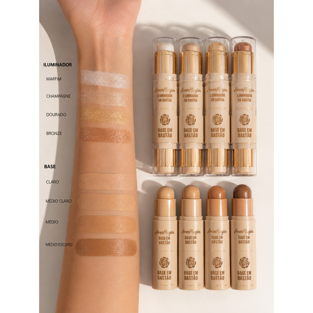 Kit c/4 uni Duo Stick Facial Base e Iluminador em Bastão 2 em 1