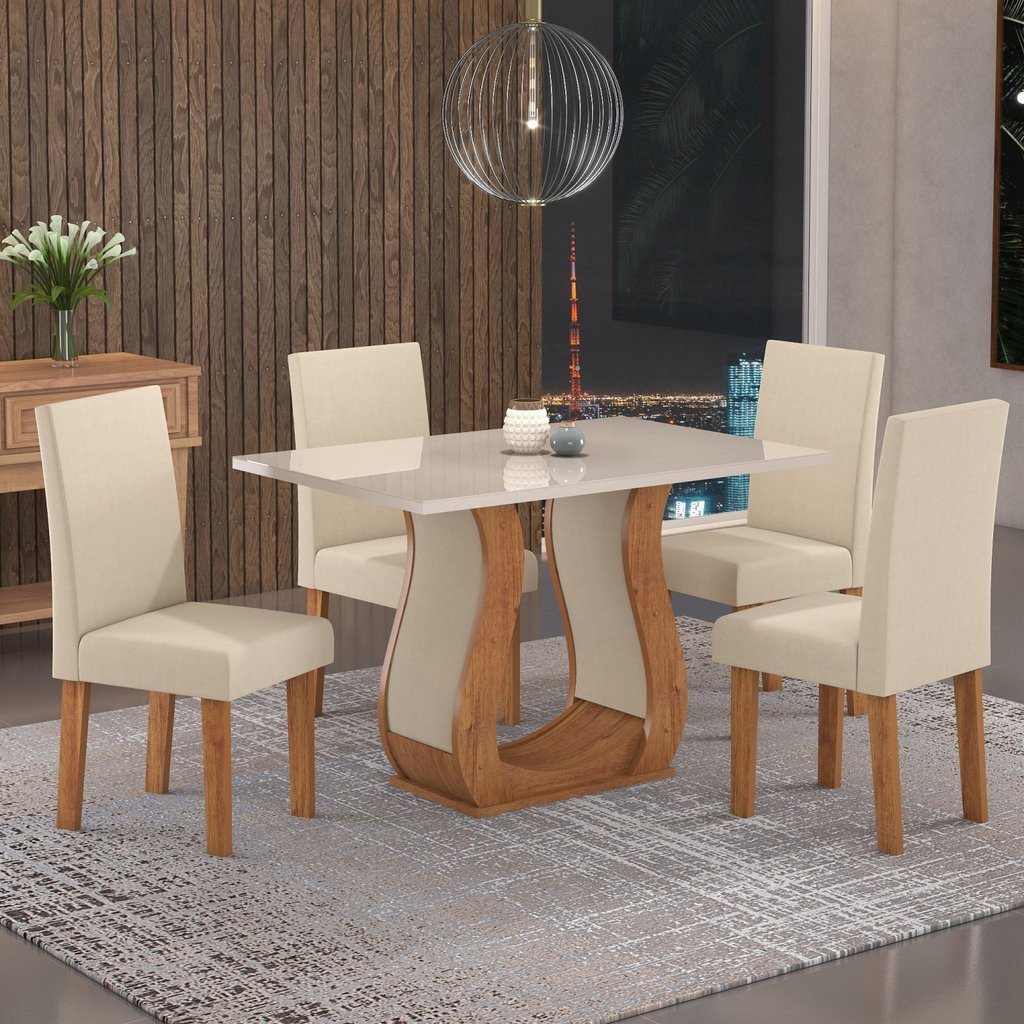 Conjunto Sala de Jantar Mesa Inovare 120x80cm Tampo Vidro/MDP com 4 Cadeiras Venus Móveis Mel/Off White/Bege