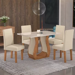 Conjunto Sala de Jantar Mesa Inovare 120x80cm Tampo Vidro/MDP com 4 Cadeiras Venus Móveis Mel/Off White/Bege