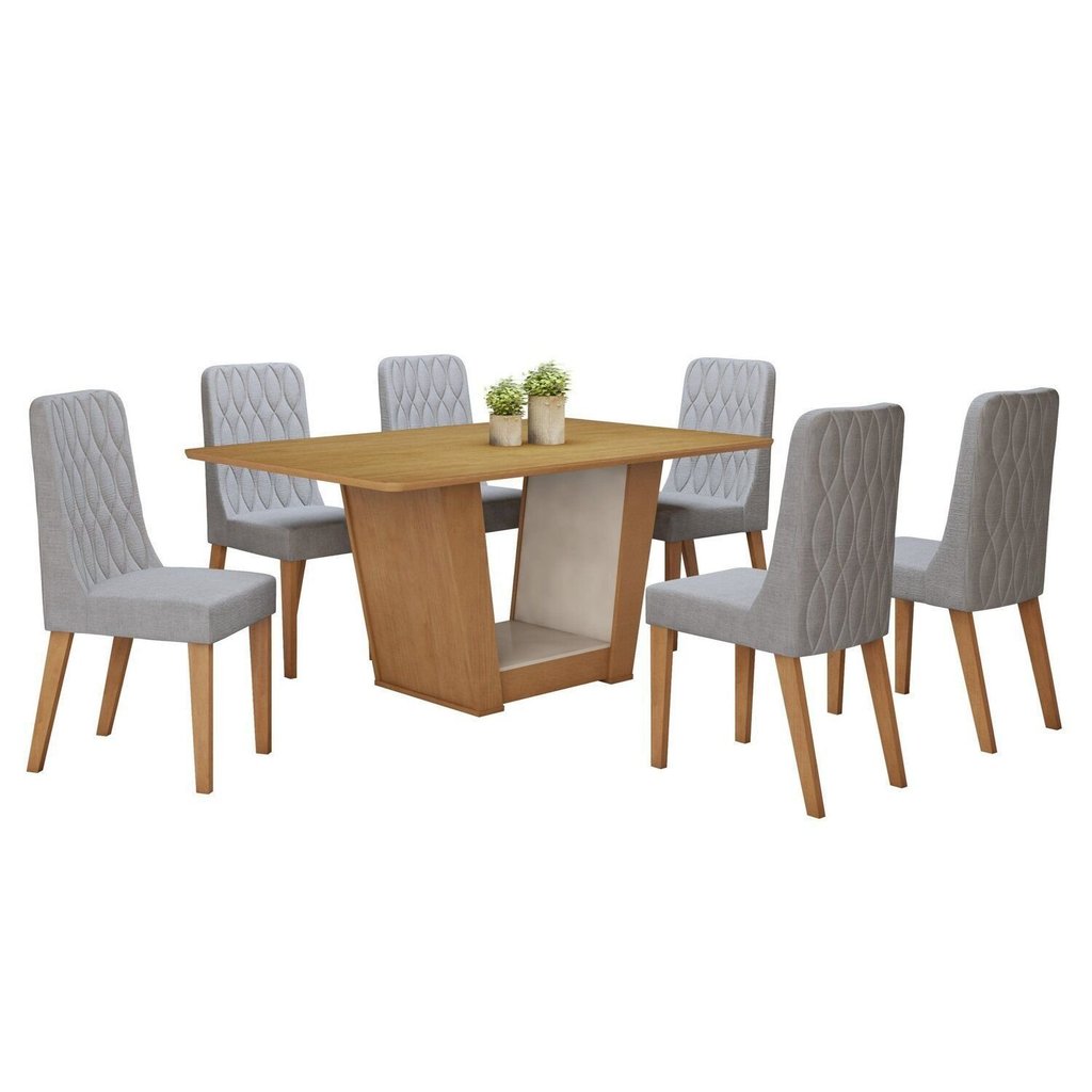 Conjunto Sala de Jantar 6 Lugares Retangular Tampo MDF No Glass Mesa Apogeu com Cadeiras Luar Off White/Amêndoa