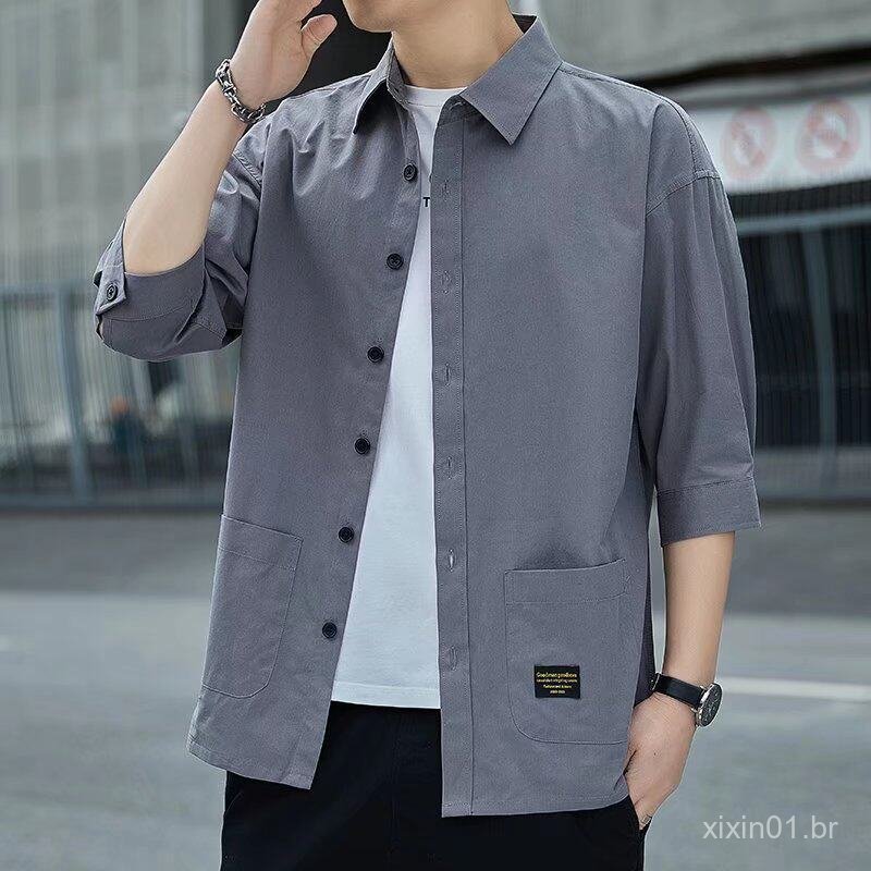 Camisa Masculina de Seda Gelada de Manga Três-Quartos, Camisa de Trabalho Fina de Verão, Camisa Casual Masculina de Mang