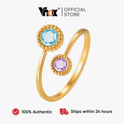 Anel Aberto De Zircônia Redonda De Renda De Aço Inoxidável Vnox Ouro Para Mulheres , Presente Ajustável À Prova D'água E