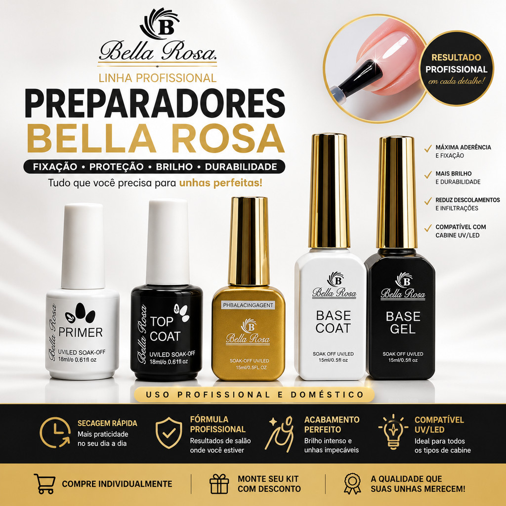 Top Coat Primer Base Coat PH Balancing Bella Rosa Gel UV LED Alongamento Unhas