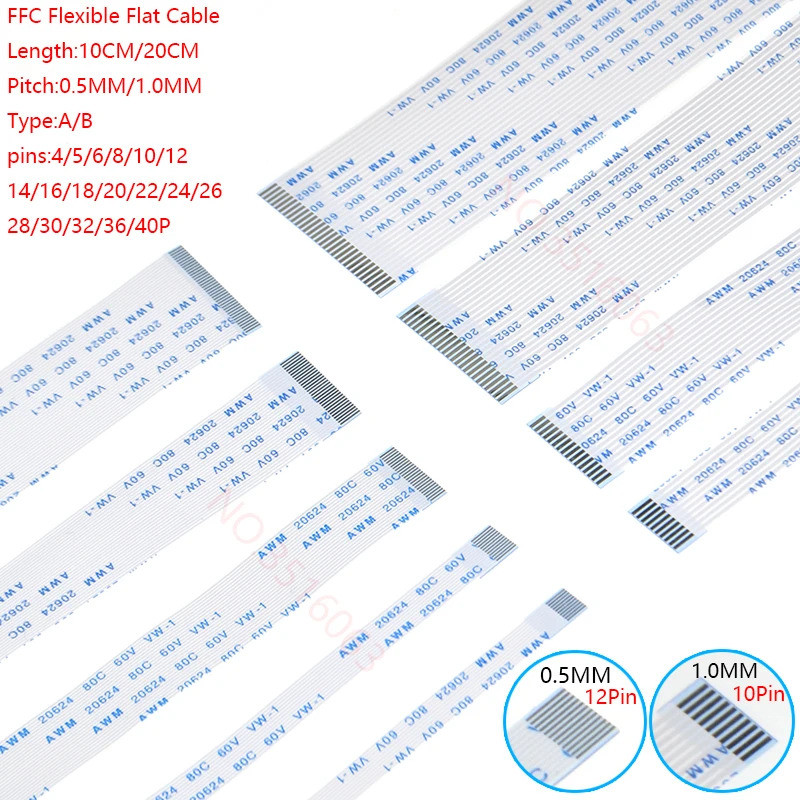 10 Peças 60/100MM/200MM FFC Cabo Plano Flexível Passo 0.5MM 1.0MM Tipo A/B 8P 10P 12P 16P 20P 40P FPC 6/8/10/12/14/16/20