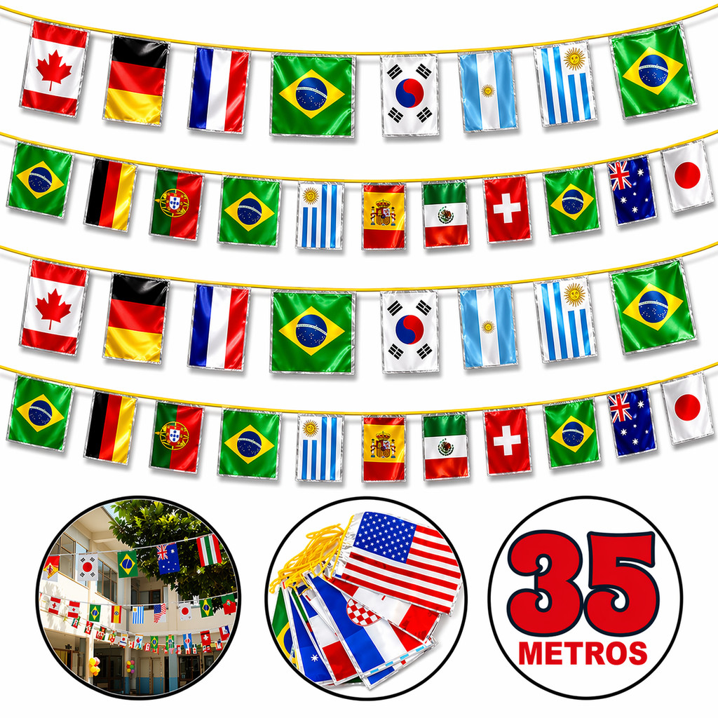35 metros Bandeiras Metalizadas Brasil E Países Seleções Varal Decoração Copa Do Mundo 2026