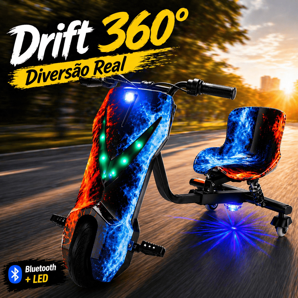 Carrinho Drift Elétrico 360° Infantil 350W 36V 3 Rodas Bluetooth Ajustável LED Suporta 90kg Diversão