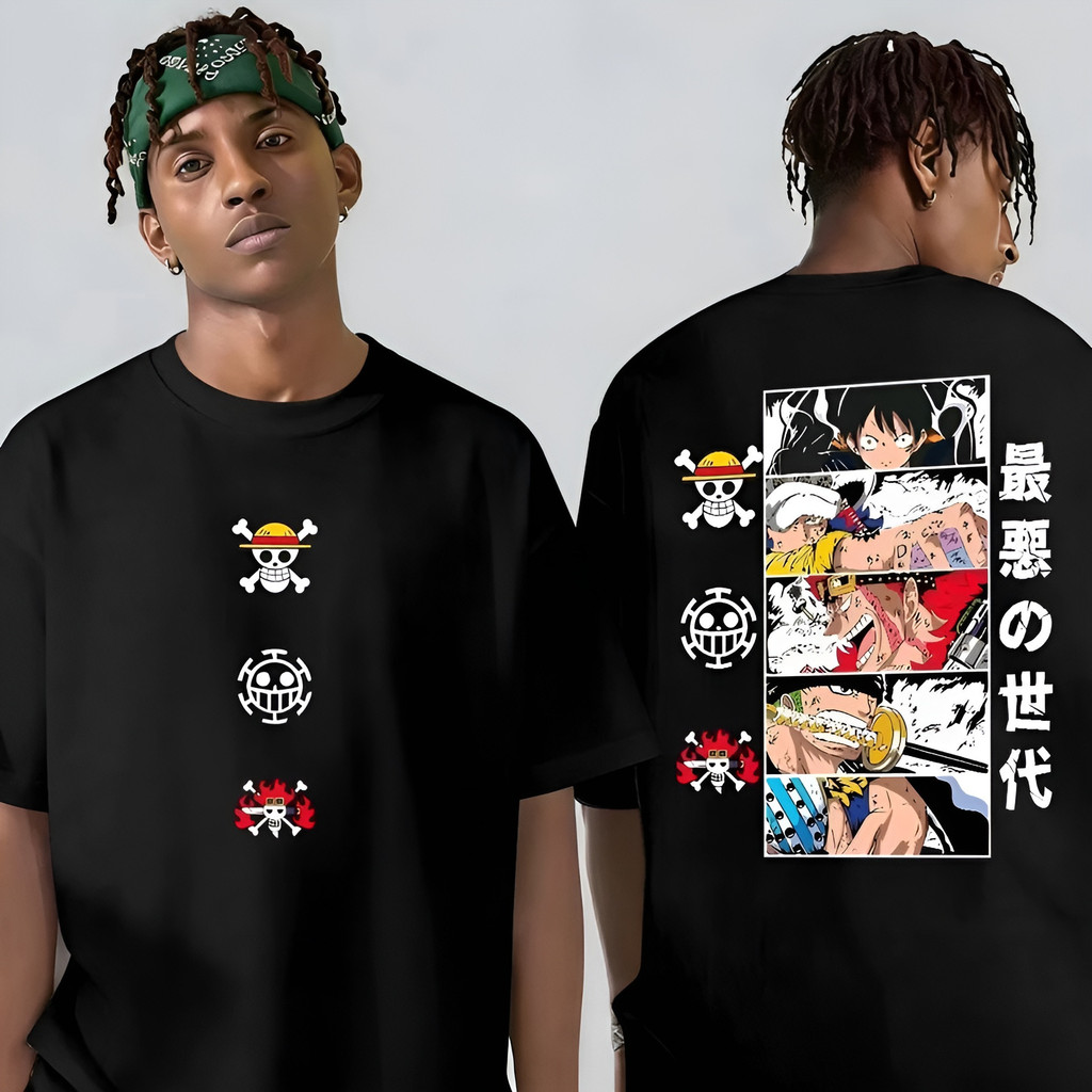 Camiseta Masculina Feminina Oversized Estampa One Piece Geração Pior com Logotipos e Colagem de Personagens Frente