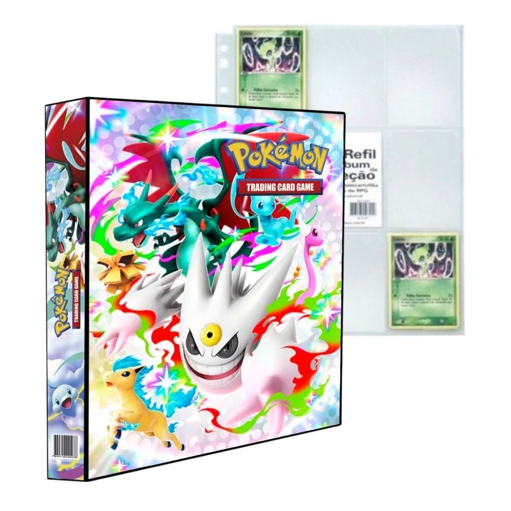 Álbum Pasta Fichário Pokemon Mega Brilho com 10 Folhas Plásticas TCG Coleção Capa Dura Reforçado