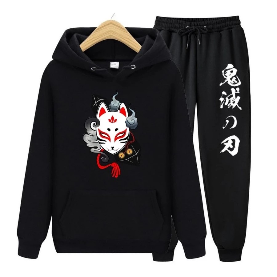 Conjunto Moletom Masculino Kitsune Blusa De Frio Canguru Bolso e Capuz + Calça Moletom Estampados Unissex Outono/Inverno