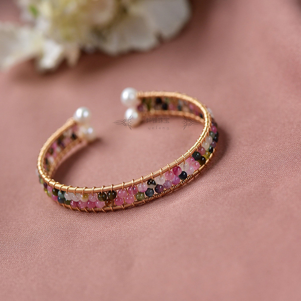 [Estoque pronto] Pulseira de turmalina Natural 14K ouro pérola pulseira fileira dupla versão larga pulseira namorada cor