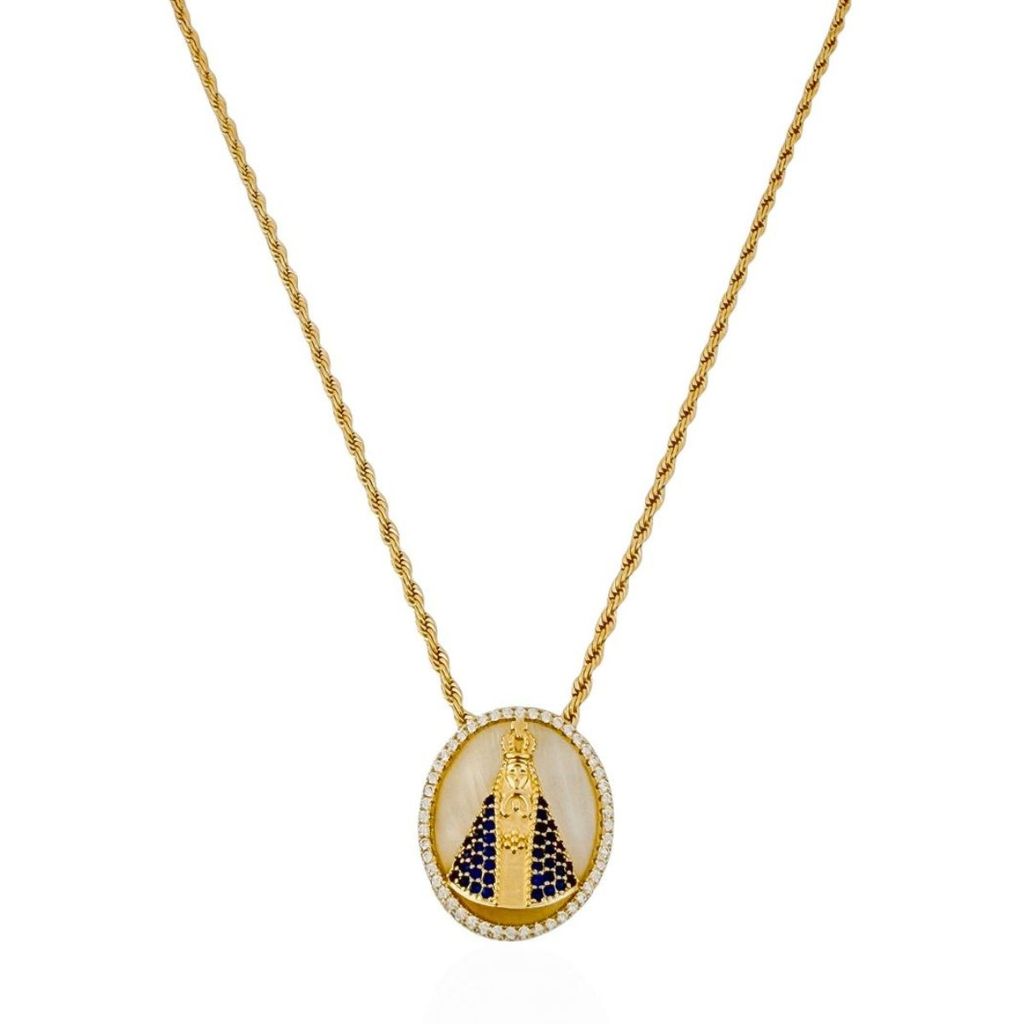Colar Folheado a Ouro 18k Cordão Baiano Com Pingente Maxi Senhora Aparecida