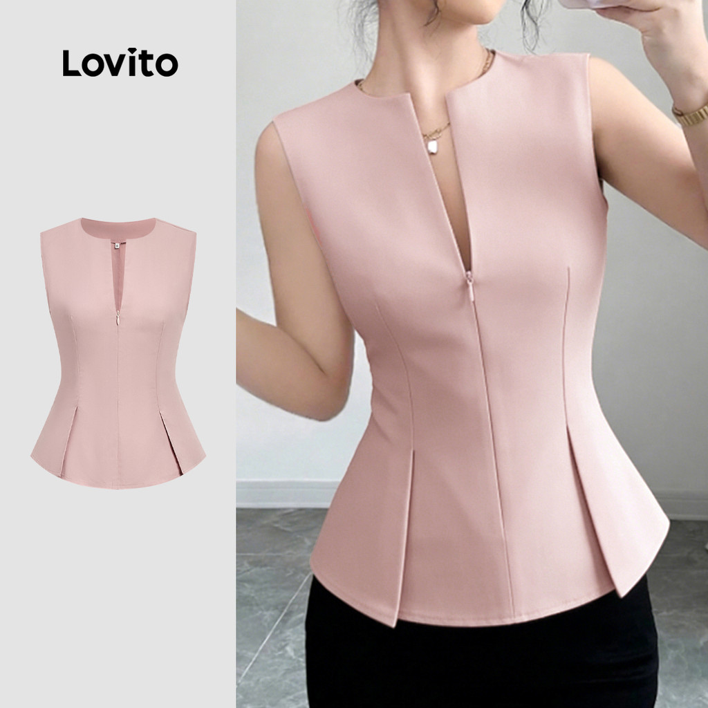 Lovito Elegante Blusa Plissada Estrutura com Zíper Linha Primavera/verão Rosa Bl