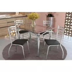 Conjunto: Mesa Sala Jantar Elba c/ Tampo de Vidro 120cm + 4 Cadeiras Portugal Cromado/Courano Preto - Kappesberg