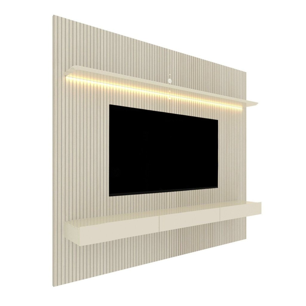 Painel para TV até 90 Polegadas com LED 100% MDF 224cmx250cm Impressão Ripada com Gaveta Requinte Off White