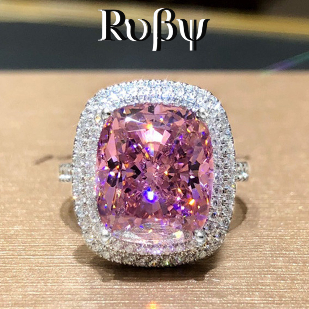 Rubi * novo estilo europeu americano quadrado Micro-incrustado rosa anel de diamante elegante simulação zircão anel de c