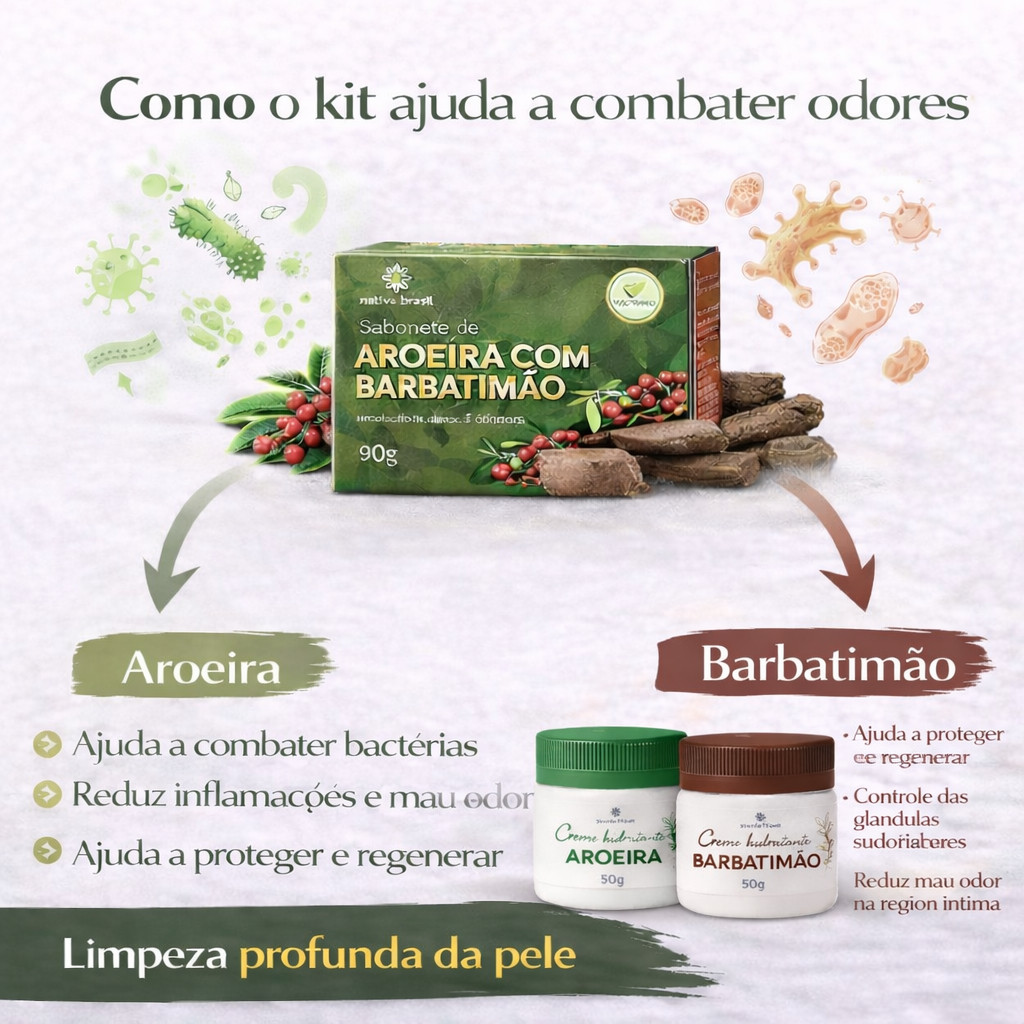 Kit sabonete aroeira barbatimão + creme de aroeira + creme de barbatimão mau odor cheiro resistente