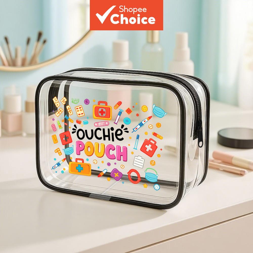 Bolsa de Higiene Transparente - Estojo Ouchie, Essenciais de Viagem, Organizador de Maquiagem Fofo, Perfeita para Praia