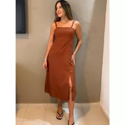 Vestido Linho Spandex Midi Com Elástico Nas Costas e Regulagem Na Alça Casual Outono Inverno